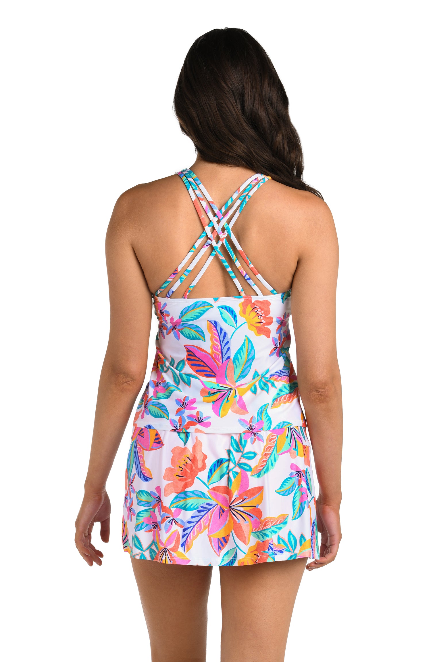 Back image of model wearing the 24th & Ocean Francesca Tropical Underwire Crossback Tankini Top.