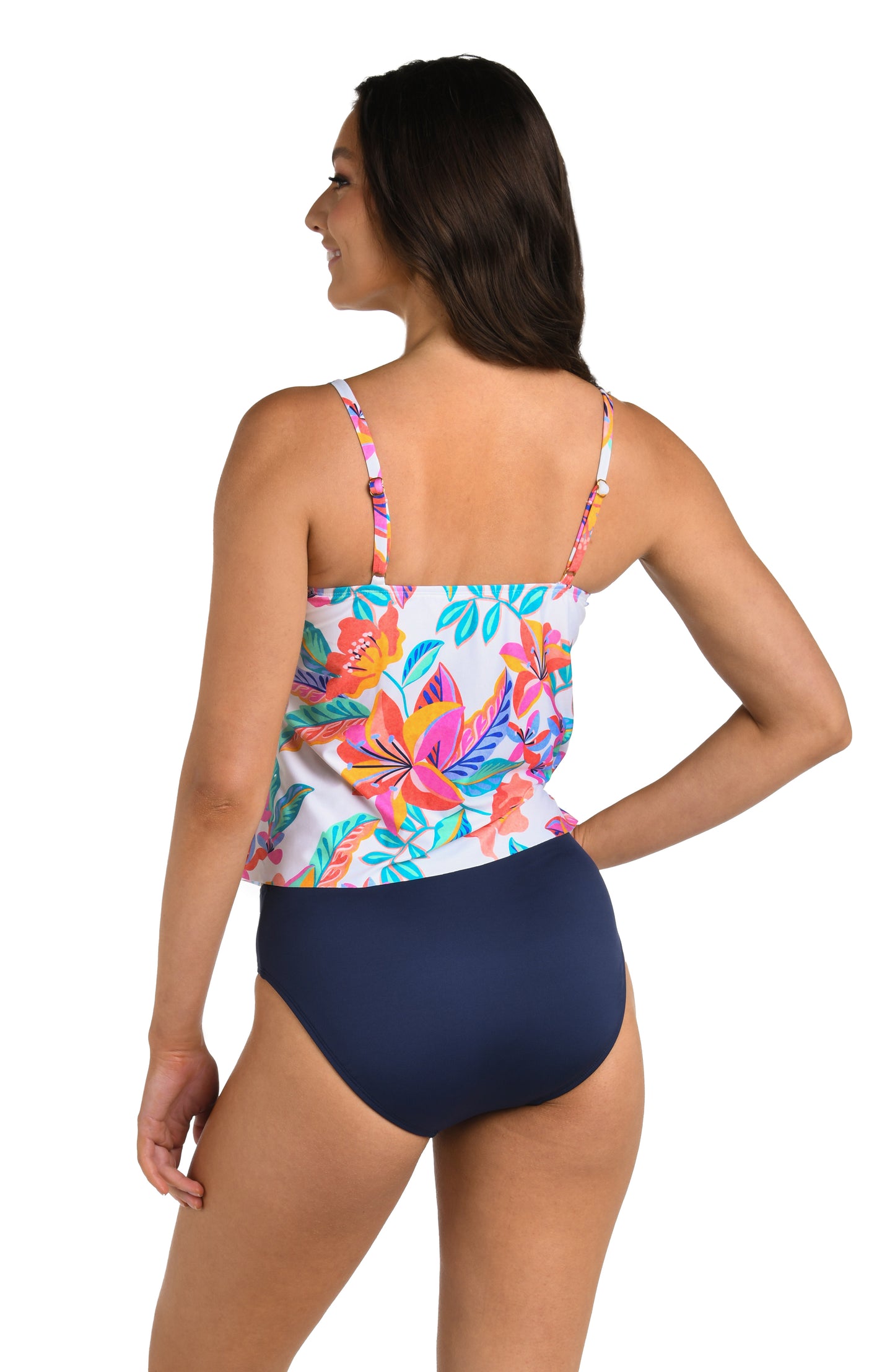 Back image of model wearing the 24th & Ocean Francesca Tropical Two Tiered Tankini Top.