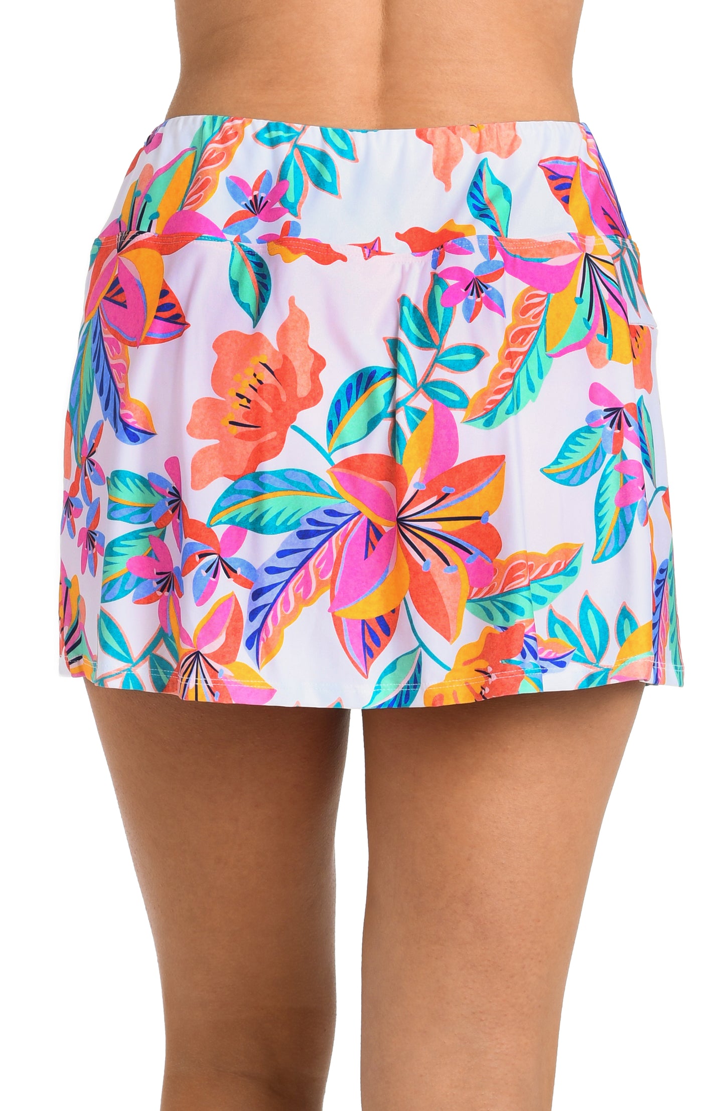 Back image of model wearing the 24th & Ocean Francesca Tropical Swim Skort Bottom.