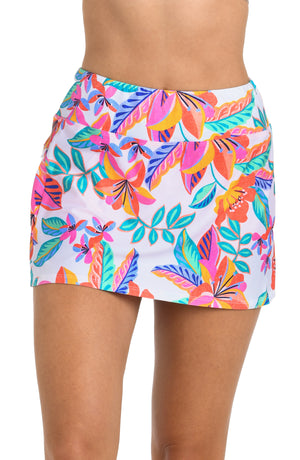 Front image of model wearing the 24th & Ocean Francesca Tropical Swim Skort Bottom.