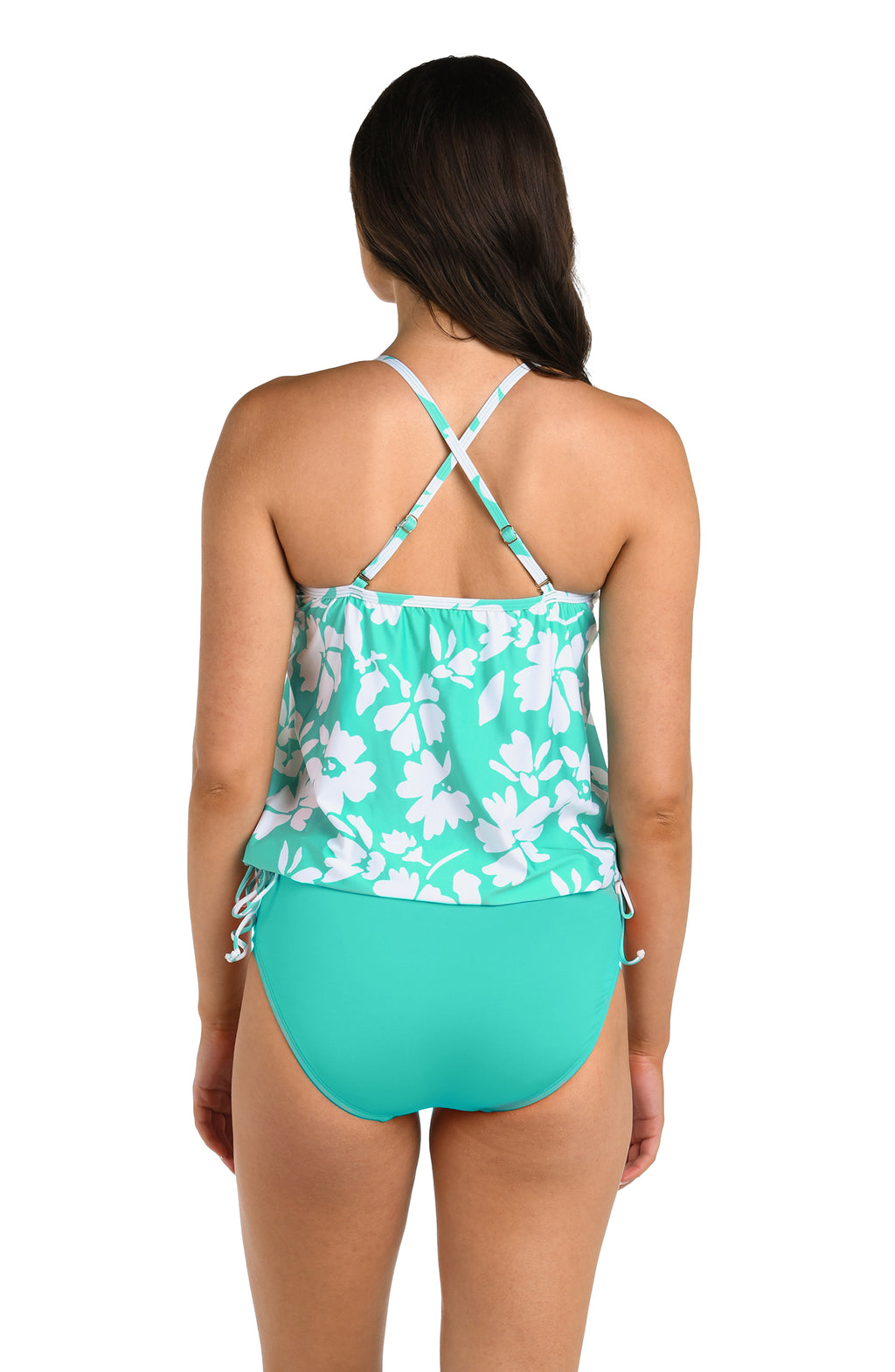 Back image of model wearing the 24th & Ocean Marseille Floral Underwire V-Neck Blouson Tankini Top in Aquamarine.