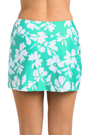 Back image of model wearing the 24th & Ocean Marseille Floral Swim Skort Bottom
in Aquamarine.