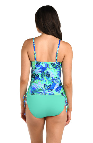 Back image of model wearing the 24th & Ocean Aegean Tropics Side Shirred Tankini Top.