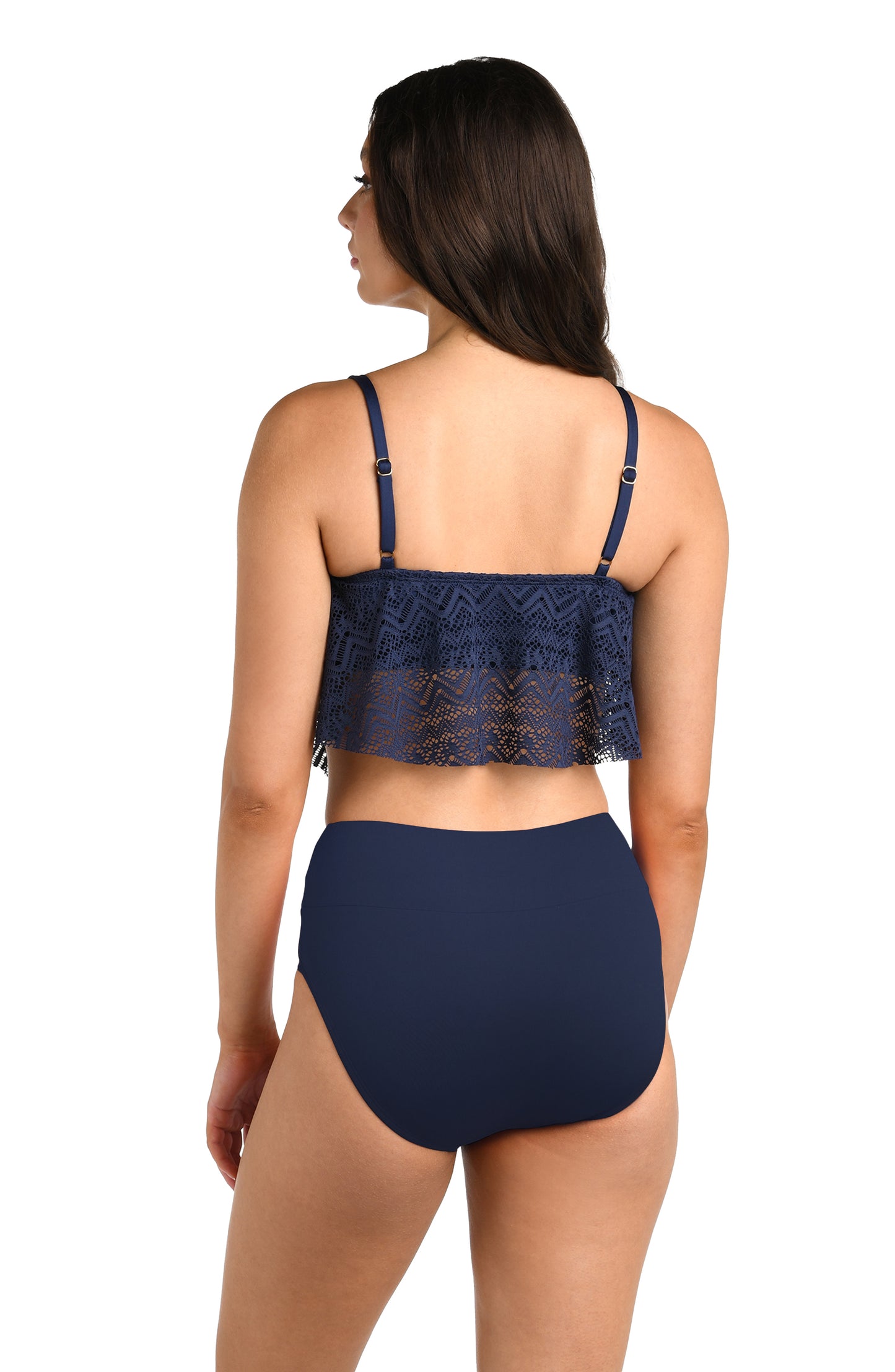 Back image of model wearing the 24th & Ocean Cecily Crochet Handkerchief Flounce Midkini Top in Midnight.