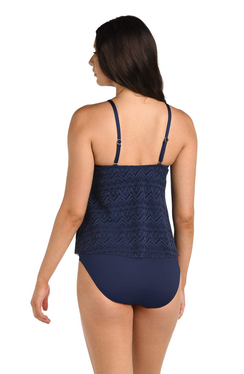 Back image of model wearing the 24th & Ocean Cecily Crochet Wrap Tankini Top in Midnight.