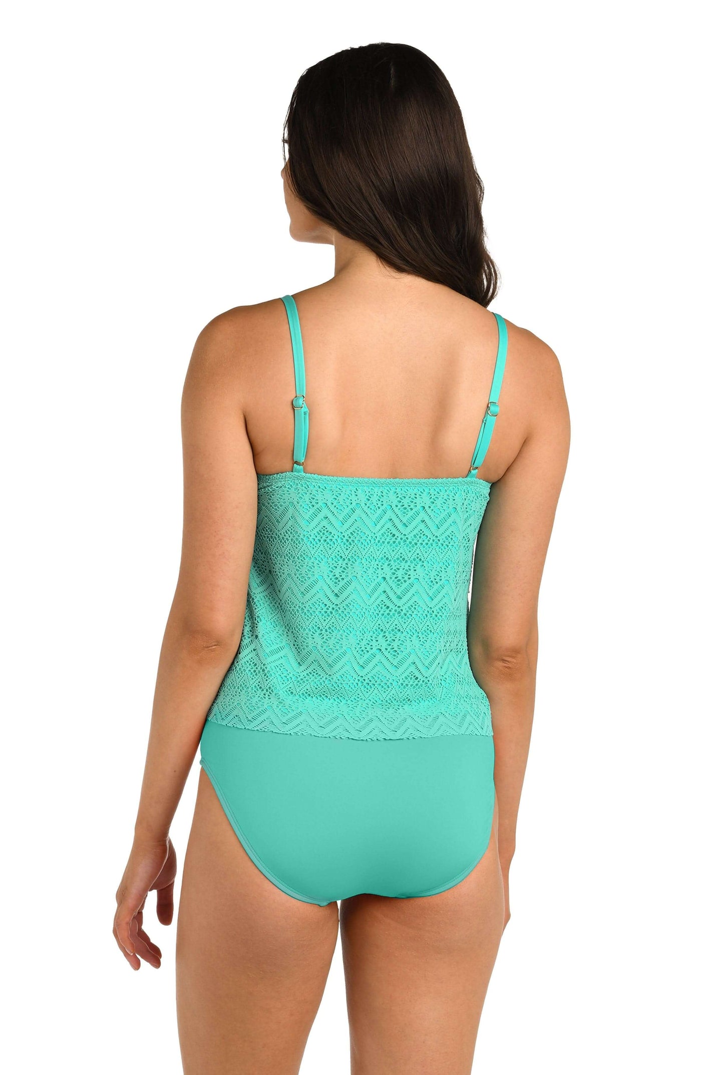 
                  
                    Back image of model wearing the 24th & Ocean Cecily Crochet Two Tiered Tankini Top in Aquamarine.
                  
                