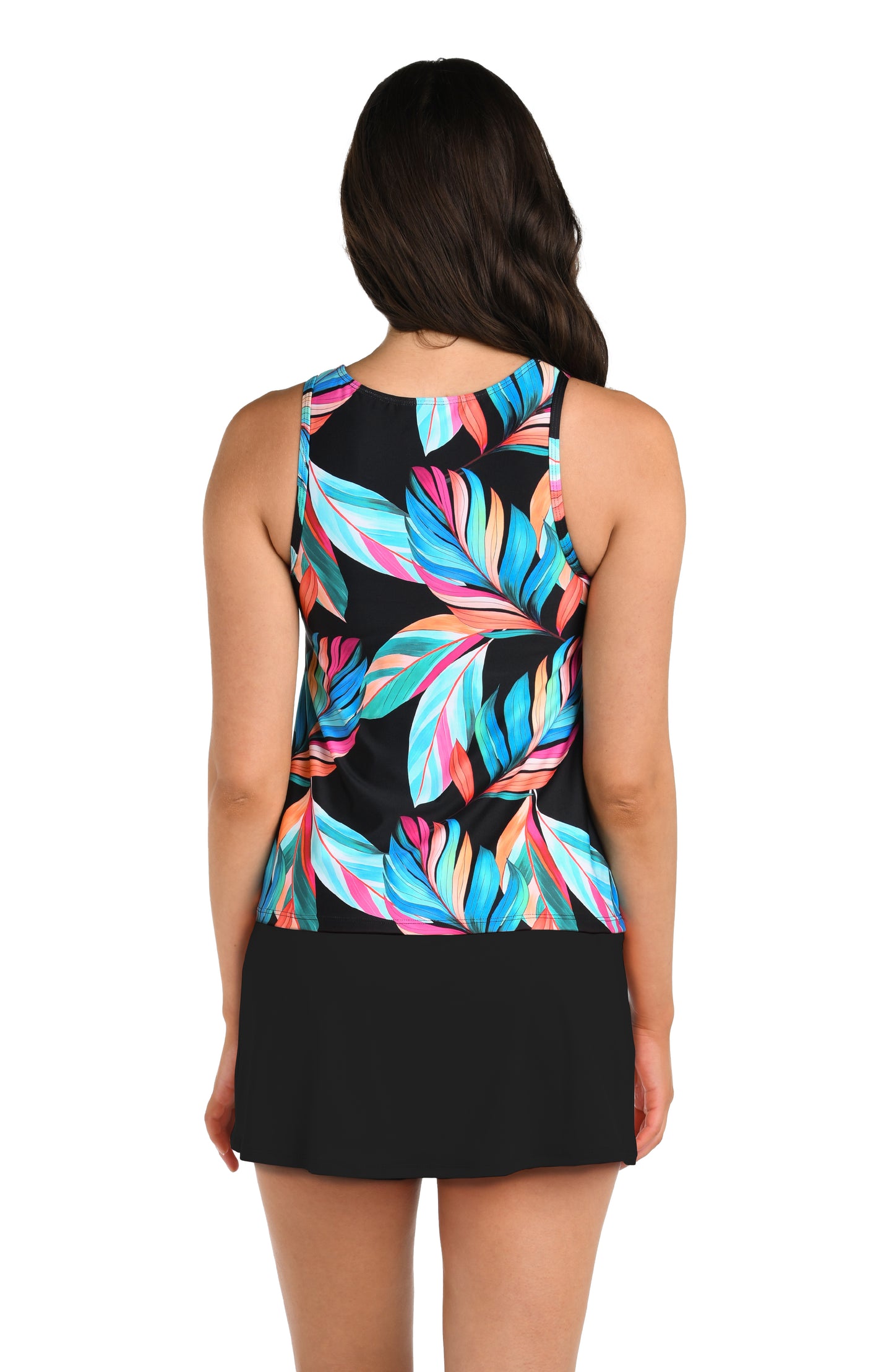 Back image of model wearing the 24th & Ocean Moonlit Leaf High Neck Tankini Top.