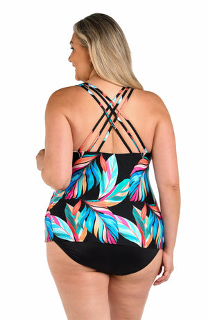 Back image of model wearing the 24th & Ocean Moonlit Leaf Underwire Crossback Tankini Top.