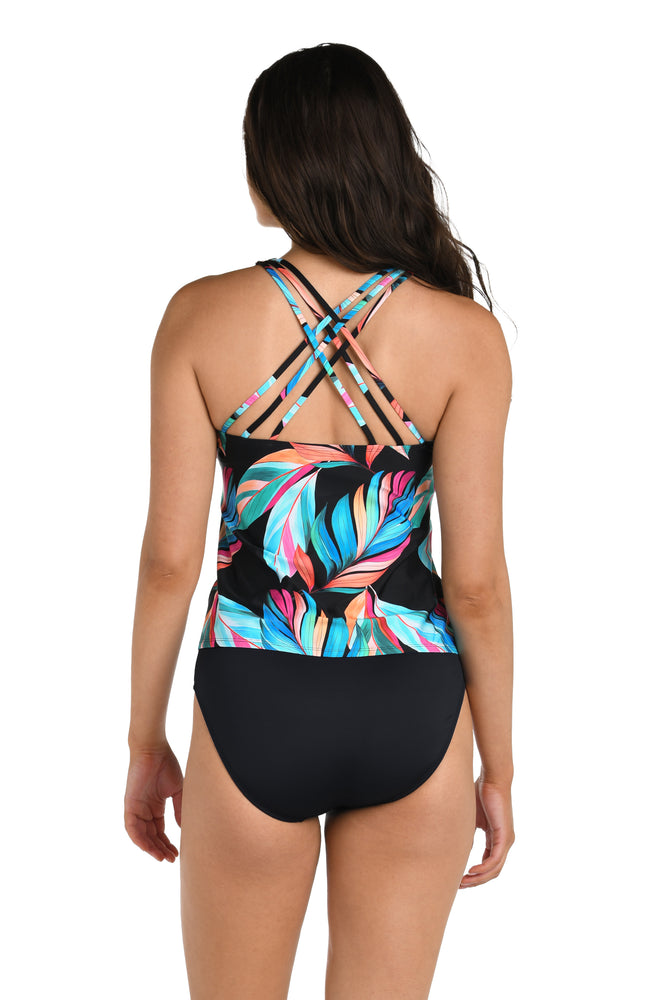 Back image of model wearing the 24th & Ocean Moonlit Leaf Underwire Crossback Tankini Top.