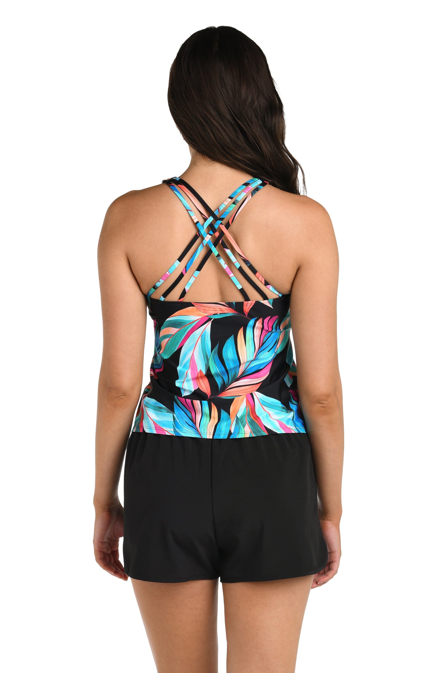 Back image of model wearing the 24th & Ocean Moonlit Leaf Underwire Crossback Tankini Top.