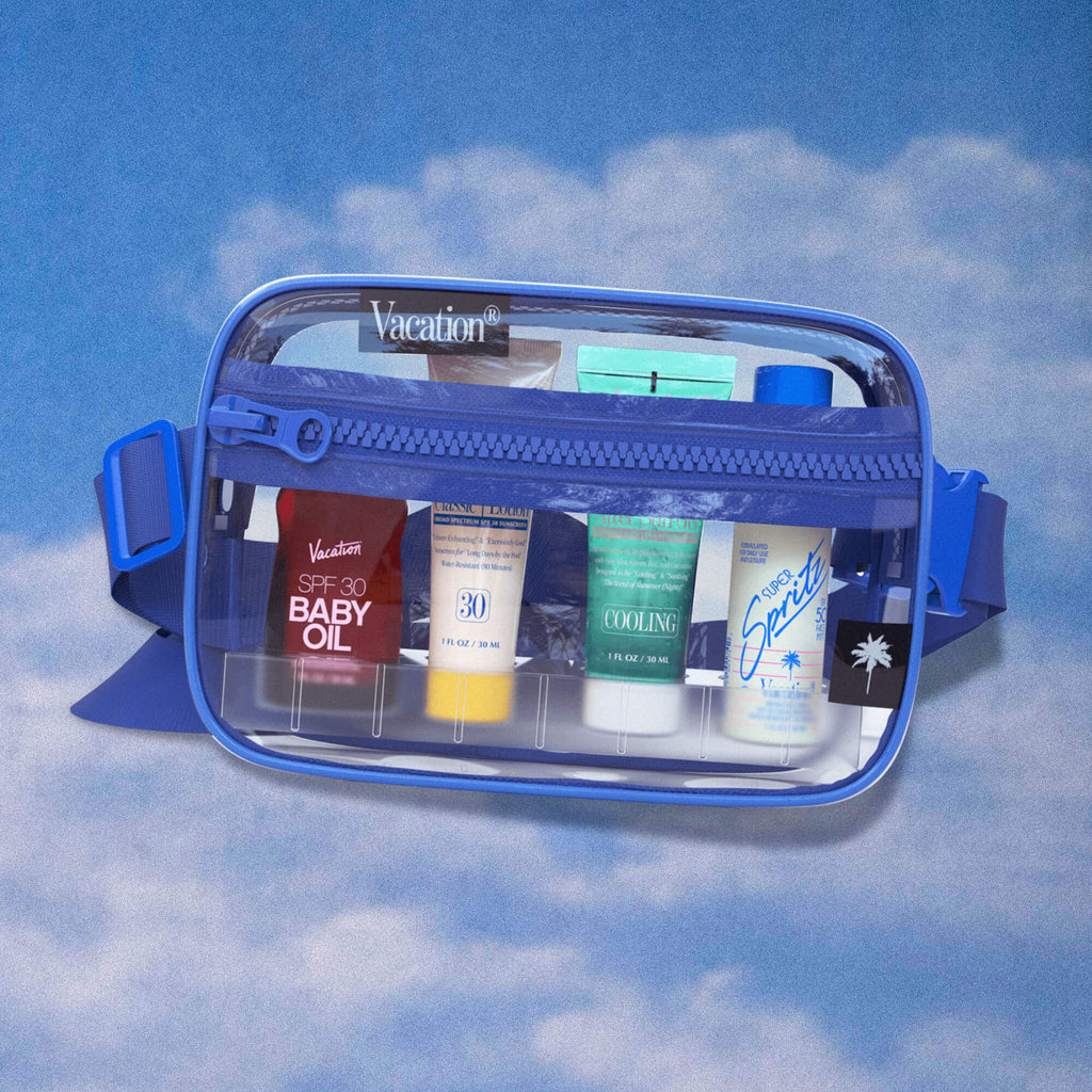 A belt bag featuring mini sun screens and lotions against a blue background. 