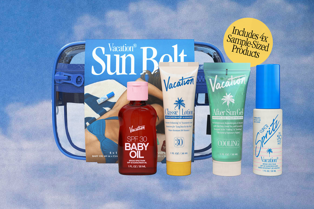 A belt bag featuring mini sun screens and lotions against a blue background. 