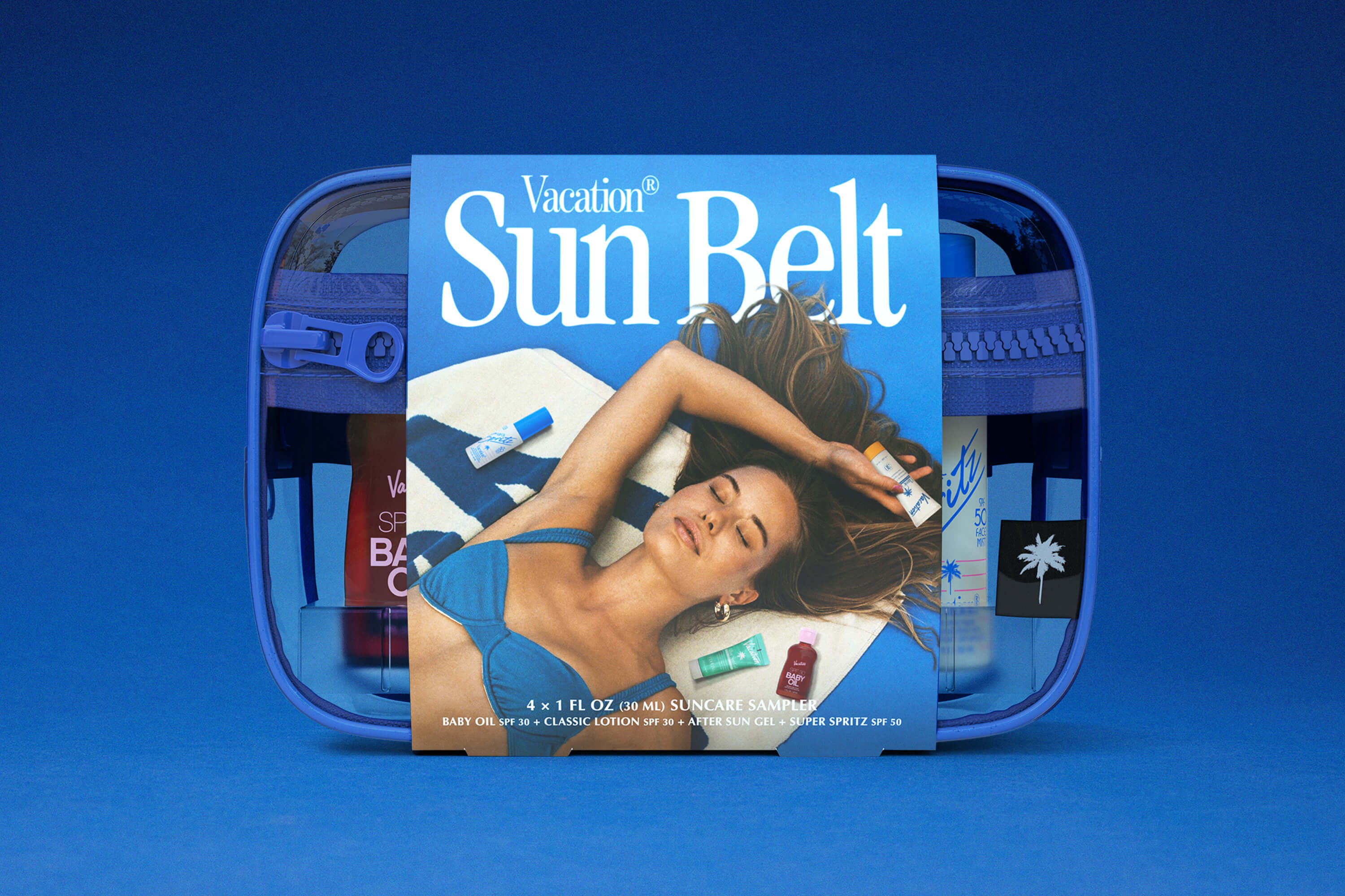 A belt bag featuring mini sun screens and lotions against a blue background. 