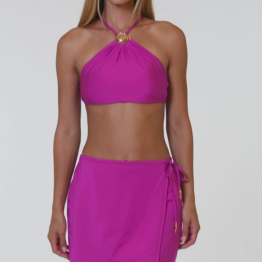 
                  
                    Load and play video in Gallery viewer, Video of model wearing a Sunshine 79 Sunshine Solids High Neck Top in Bright Violet.
                  
                