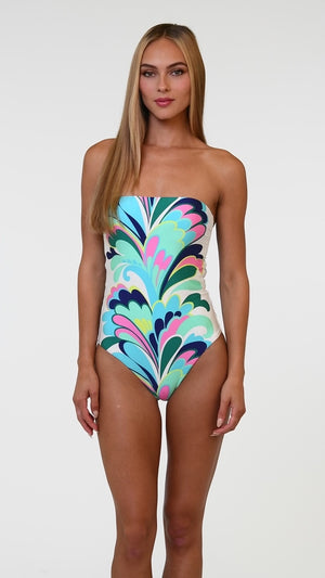 
            
                Load and play video in Gallery viewer, Model is wearing a white, blue, green, and pink multicolored floral printed Bandeau One Piece
            
        