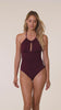 Model is wearing an Island Goddess High Neck Keyhole One Piece in Dark Cherry.