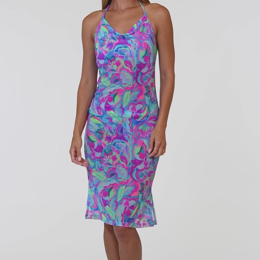 
                  
                    Load and play video in Gallery viewer, Video of model wearing the Sunshine 79 Swirltopia Halter Midi-Dress.
                  
                