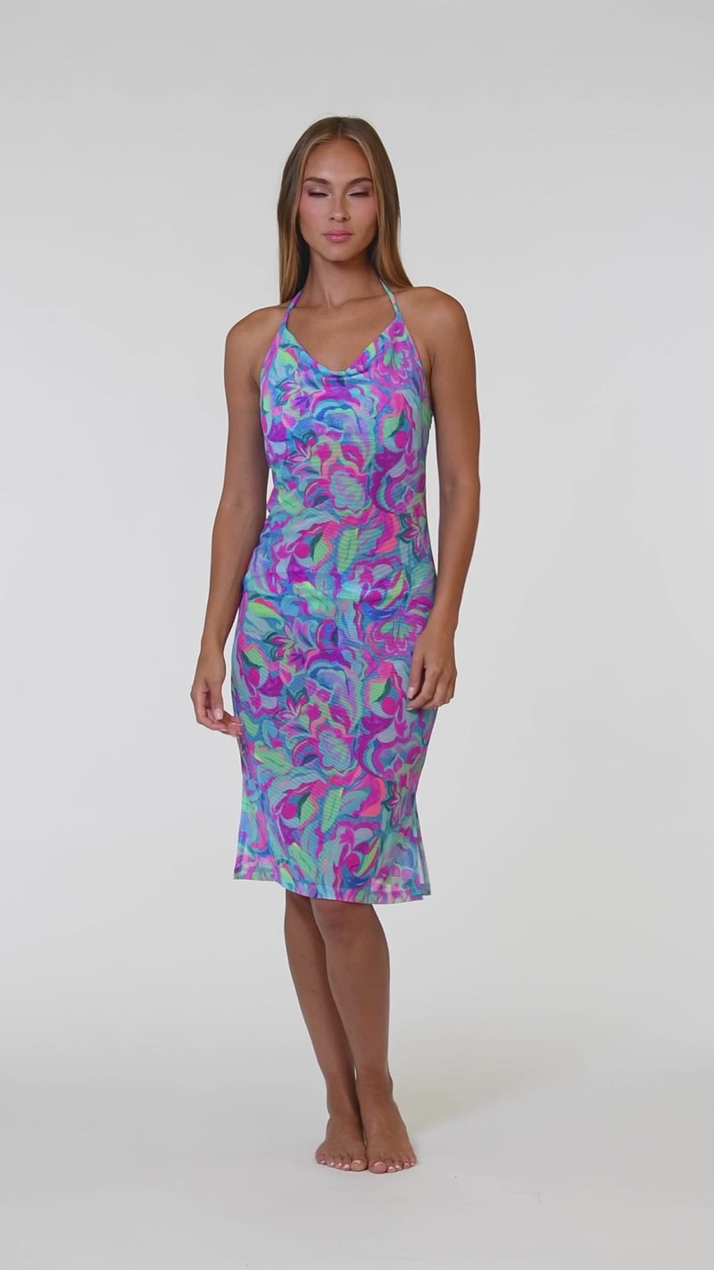 
                  
                    Load and play video in Gallery viewer, Video of model wearing the Sunshine 79 Swirltopia Halter Midi-Dress.
                  
                