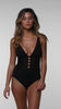 Model is wearing a multicolored Island Goddess Mesh Over The Shoulder One Piece Swimsuit