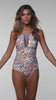 Model is wearing a multicolored High Neck One Piece Swimsuit