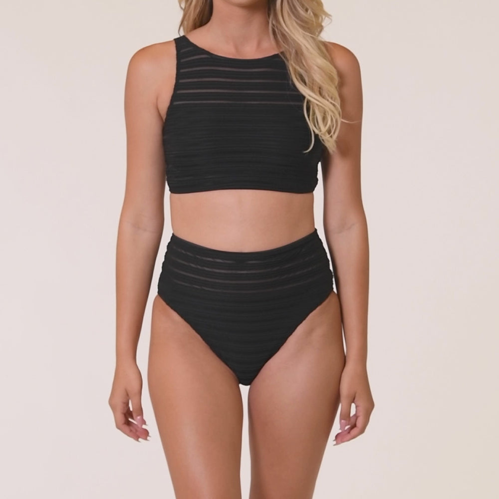 
                  
                    Load and play video in Gallery viewer, This is a video of a model wearing both the black mesh High Neck Midkini Top paired with the mesh high waisted swimsuit bottom.
                  
                