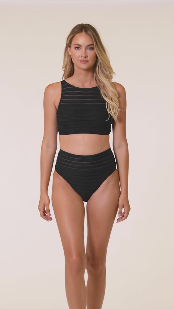 
            
                Load and play video in Gallery viewer, This is a video of a model wearing both the black mesh High Neck Midkini Top paired with the mesh high waisted swimsuit bottom.
            
        