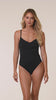 Model is wearing a solid black Island Goddess Draped Lingerie One Piece Swimsuit