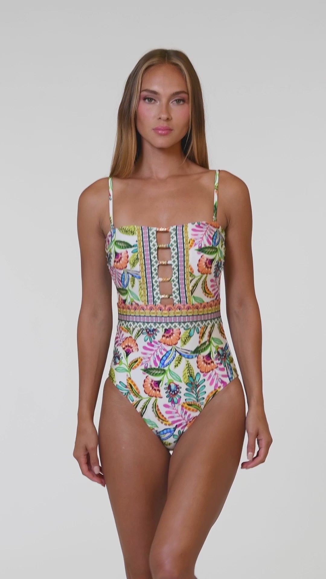 Video of model wearing the Sunshine 79 Jungle Jive Bandeau One Piece.