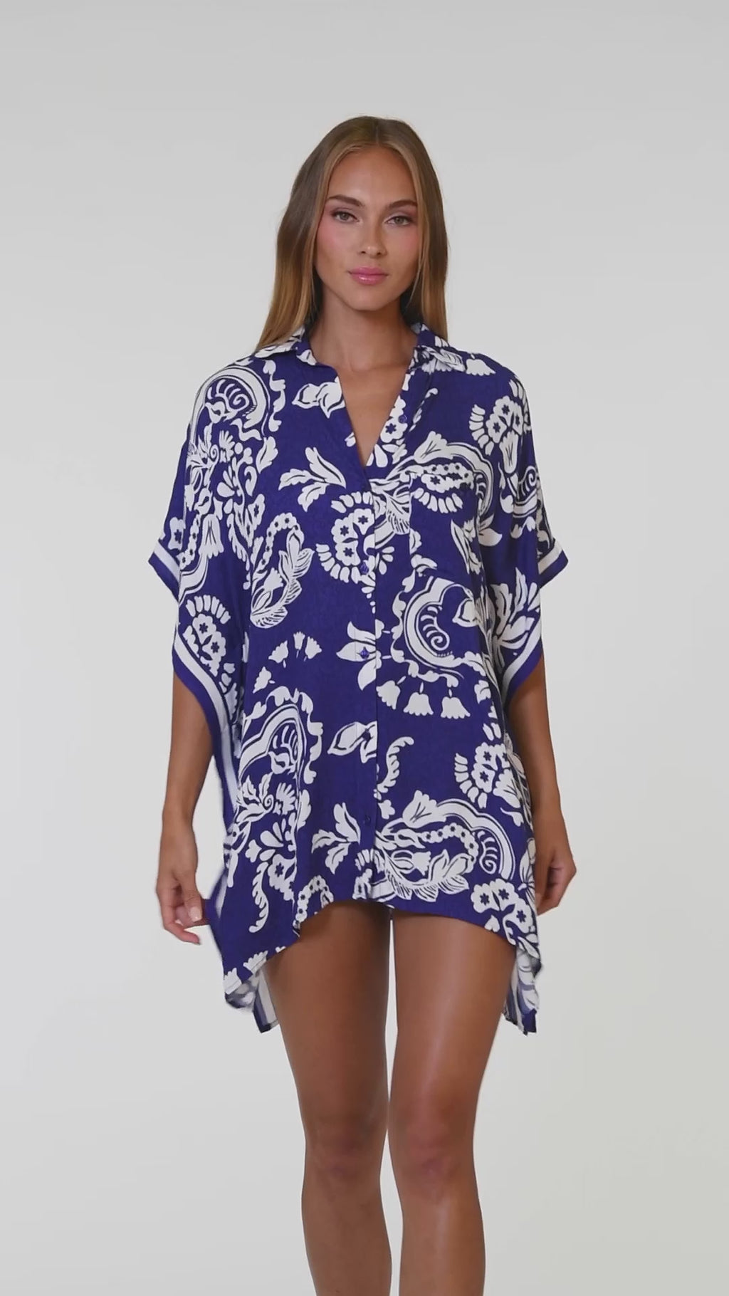 Video of model wearing a Sunshine 79 Flower Trip Resort Button Down Shirt.