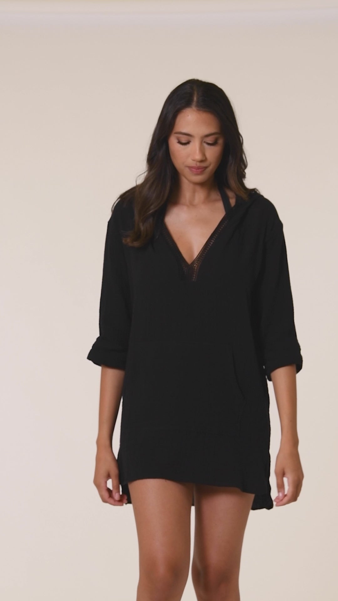 
                  
                    Load and play video in Gallery viewer, Model is wearing a black hooded swimsuit cover up from our Seaside Covers collection!
                  
                