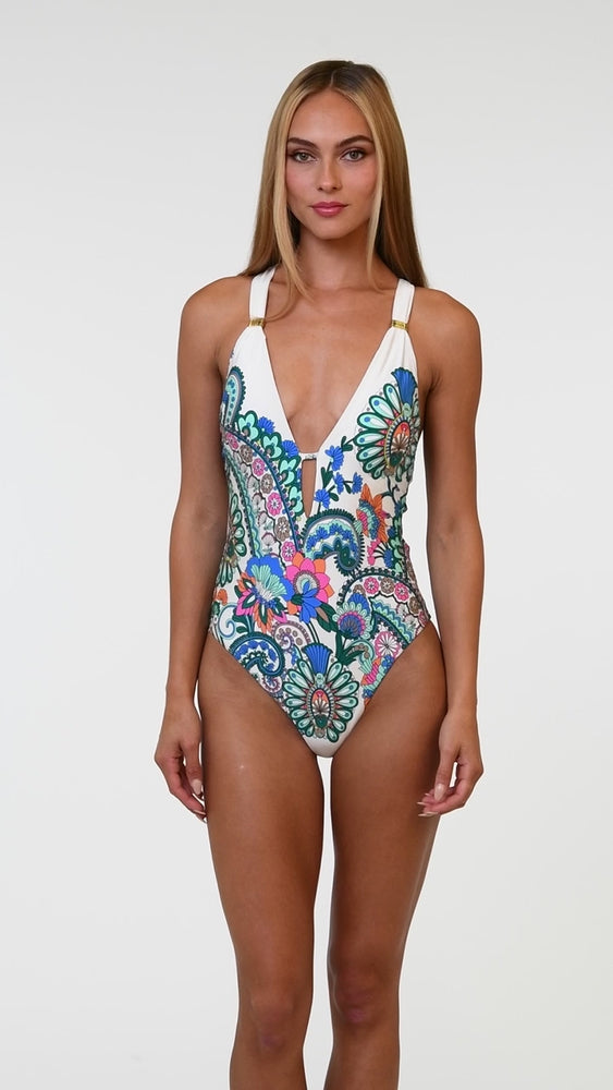 
            
                Load and play video in Gallery viewer, Sunshine 79 Feel Good Paisley V-Plunge One Piece
            
        