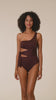 This is a video of a Model is wearing a java colored one piece swimsuit from our Best-Selling Island Goddess collection.