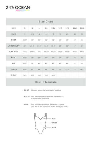 This is an image of our 24th & Ocean Swimwear Size Chart and How to Measure Guide