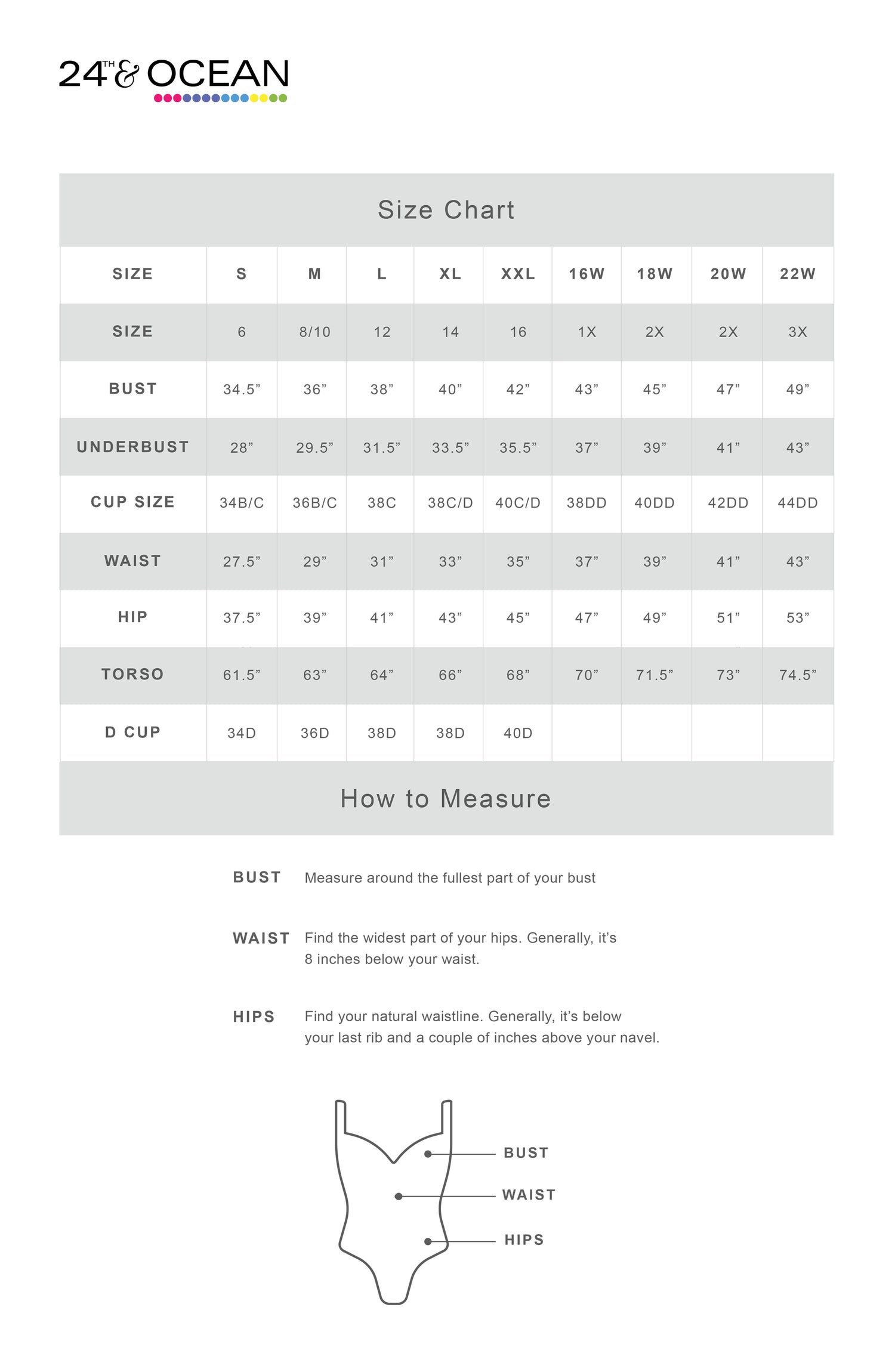24th & Ocean Swimwear Size Chart and How to Measure Guide
