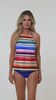 This is a video of a Model is wearing a bold multi colored striped high neck tankini top from our Sunset Stripe collection!