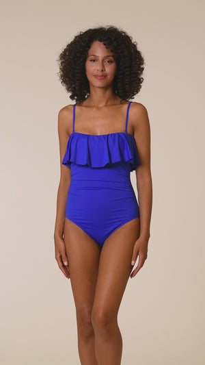 
            
                Load and play video in Gallery viewer, Island Goddess Ruffled Bandeau One Piece - Sapphire
            
        