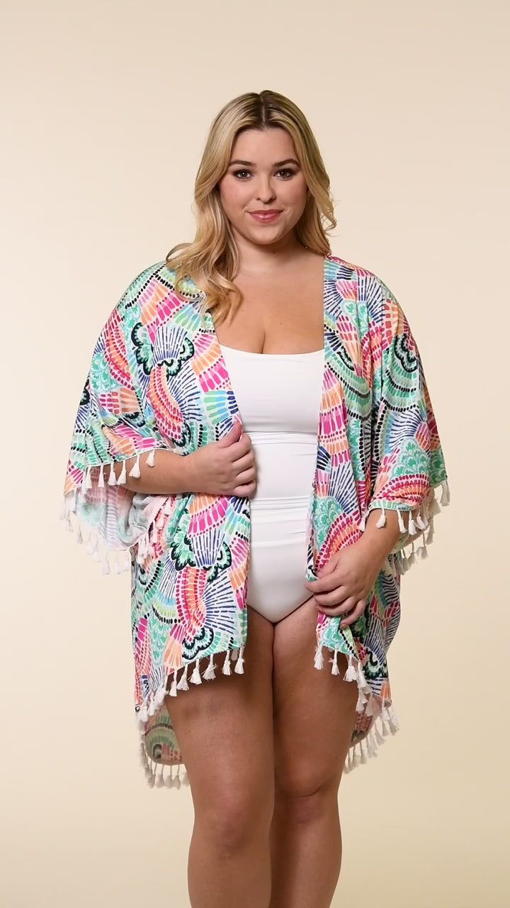 
                  
                    Load and play video in Gallery viewer, This is a video of a Model is wearing a multi colored geometric printed kimono cover up from our Waves of Color collection!
                  
                