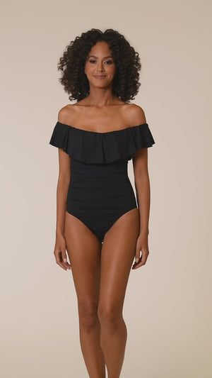 
            
                Load and play video in Gallery viewer, Island Goddess Off Shoulder Ruffle One Piece - Black
            
        