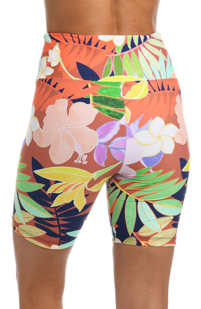 
            
                Load image into Gallery viewer, Model is wearing a multi-colored tropical high waist bike short swimsuit from our In The Tropics collection!
            
        