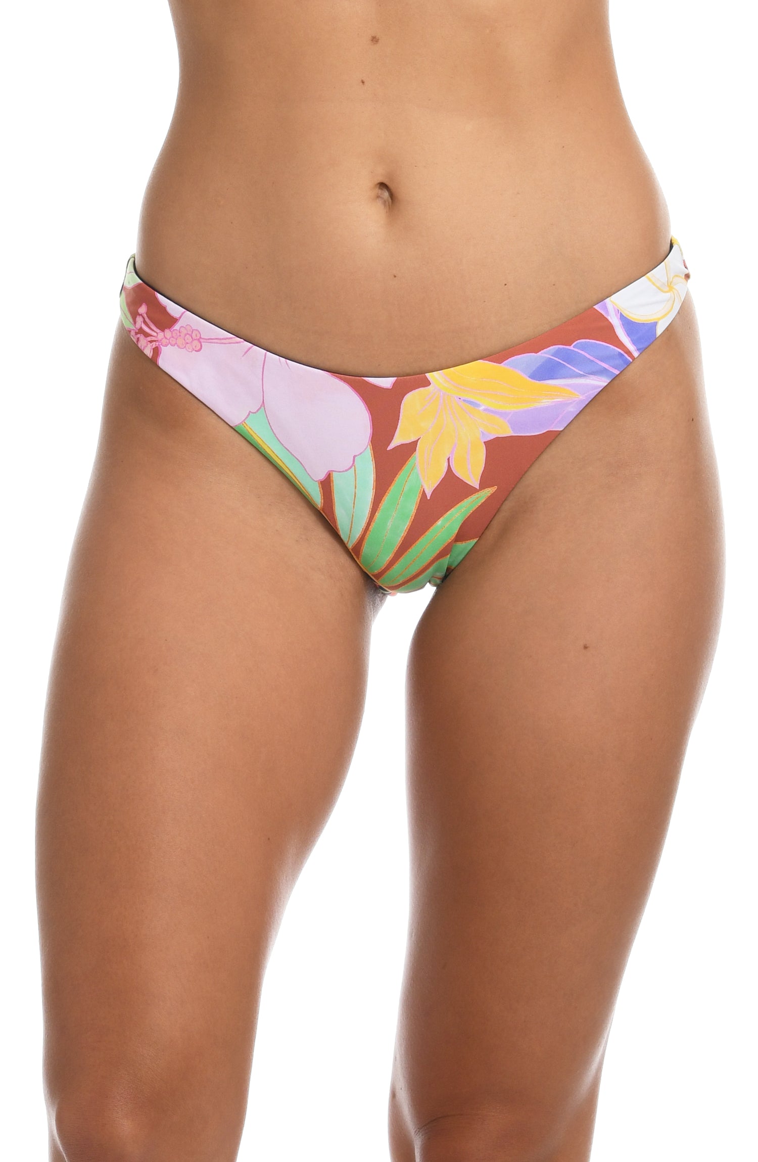 Model is wearing a multi-colored tropical hipster swimsuit swimsuit bottom from our In The Tropics collection!