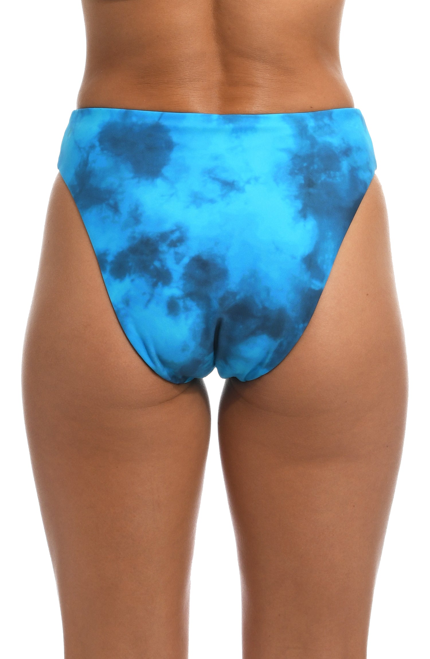 Model is wearing a blue dreamy cloud-inspired printed high waist swimsuit bottom from our Head in the Clouds collection.