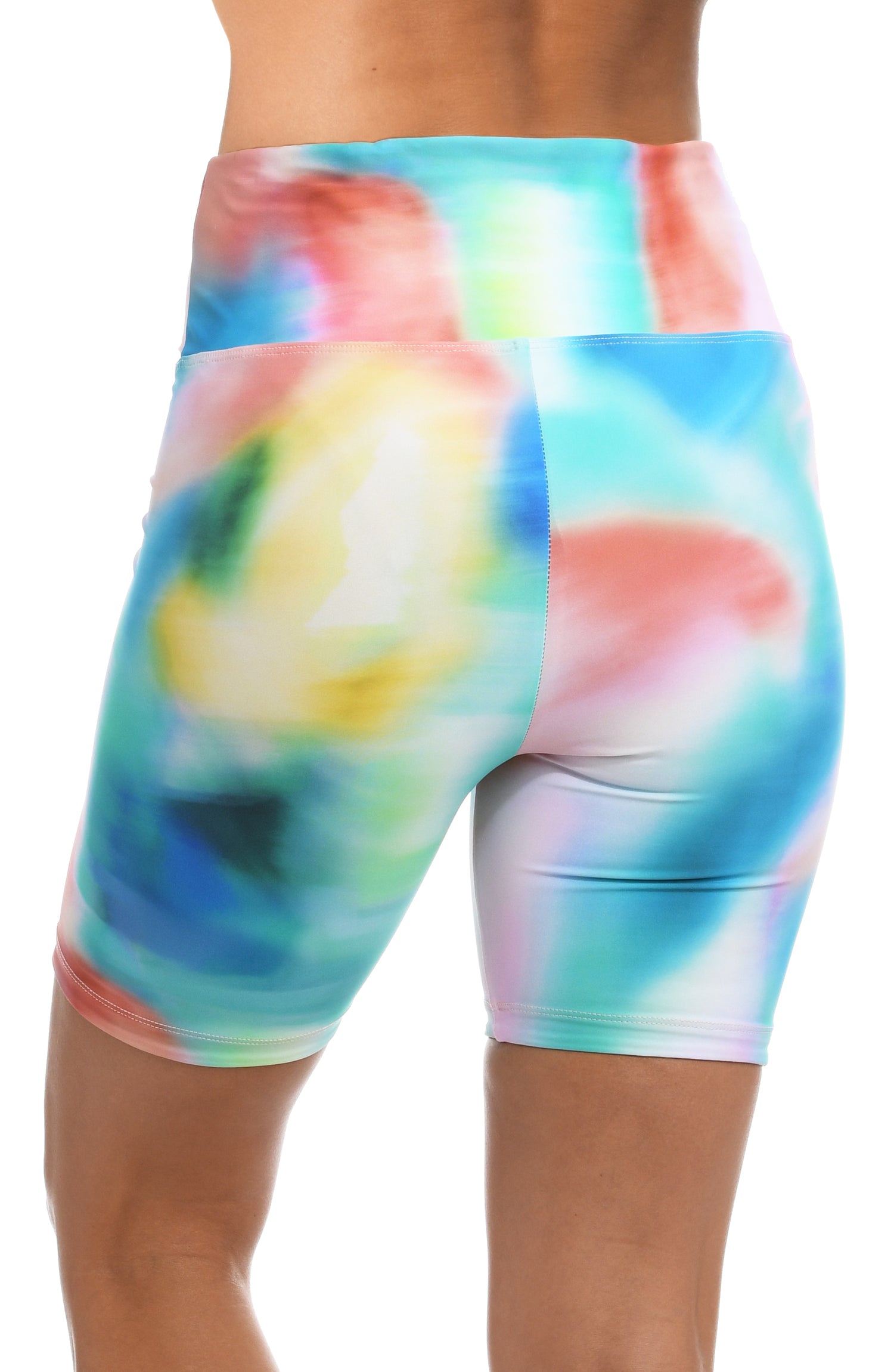 Model is wearing a multi-colored tie-dye inspired high waist bike short from our Sunset Tide collection!