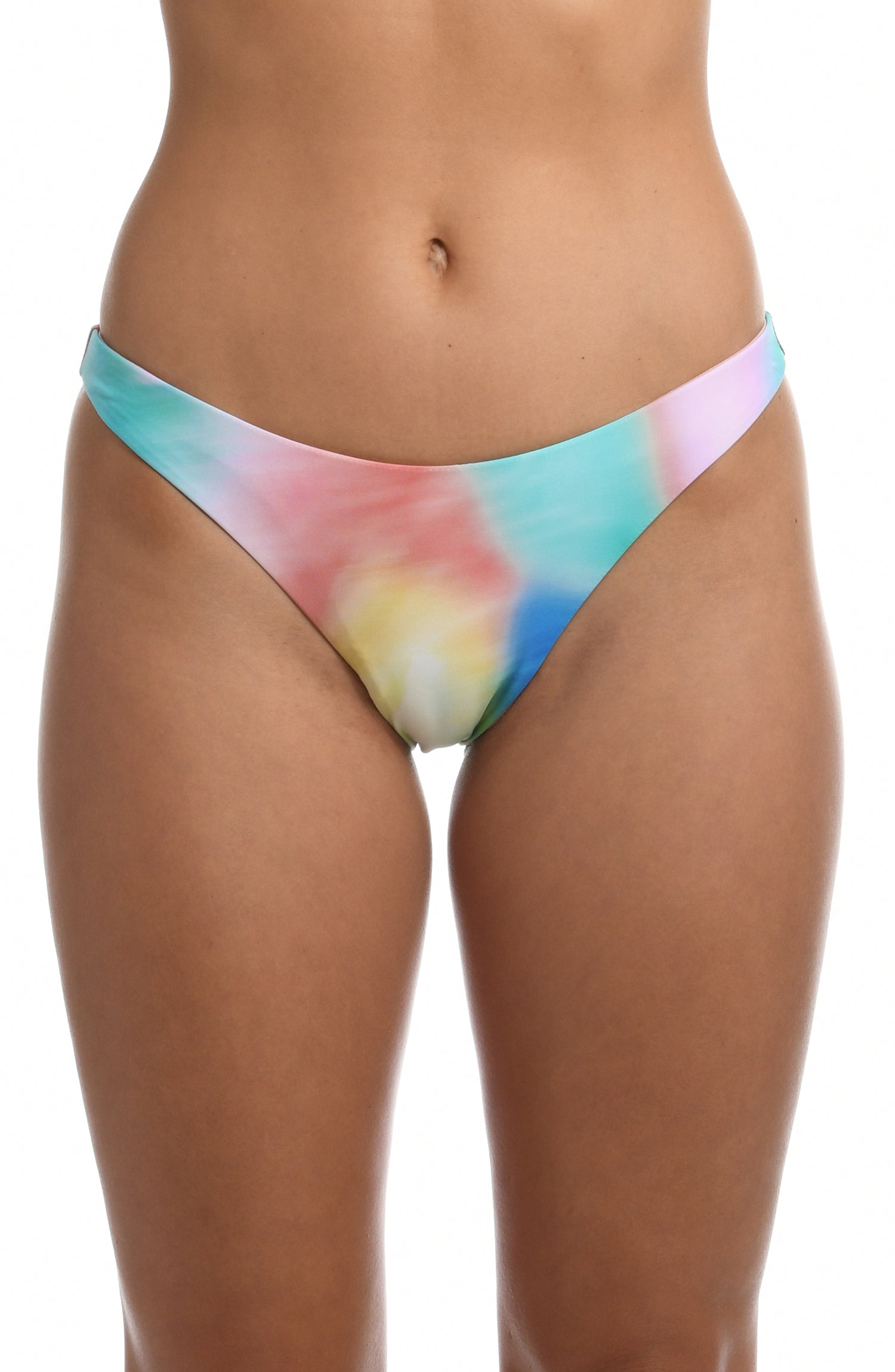 Model is wearing a multi-colored tie-dye inspired hipster swimsuit bottom from our Sunset Tide collection!