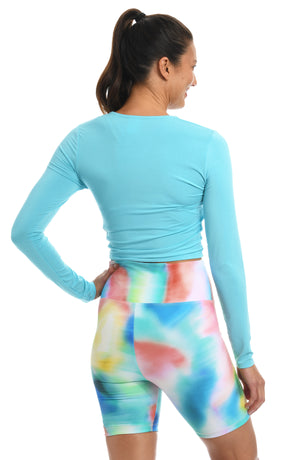 Model is wearing a aqua colored adjustable top from our Lounge Around Jersey collection.