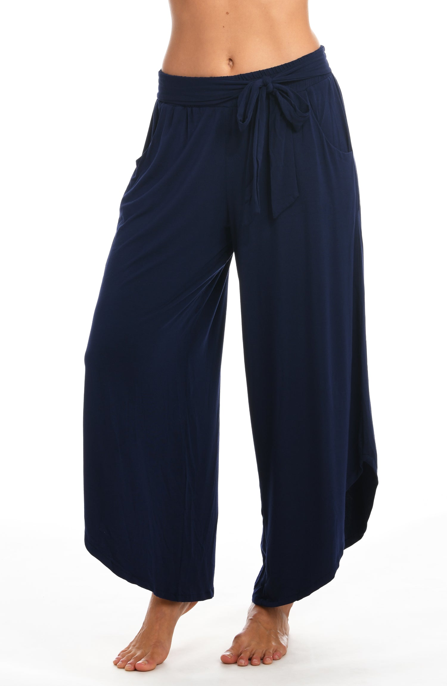 Model is wearing a midnight colored draped culottes from our Lounge Around Jersey collection.