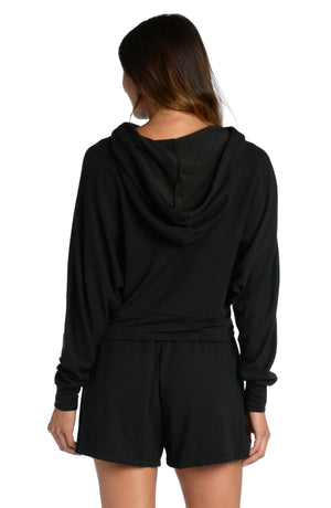 
            
                Load image into Gallery viewer, Model is wearing a black colored french terry hoodie from our Cozy Knit collection!
            
        