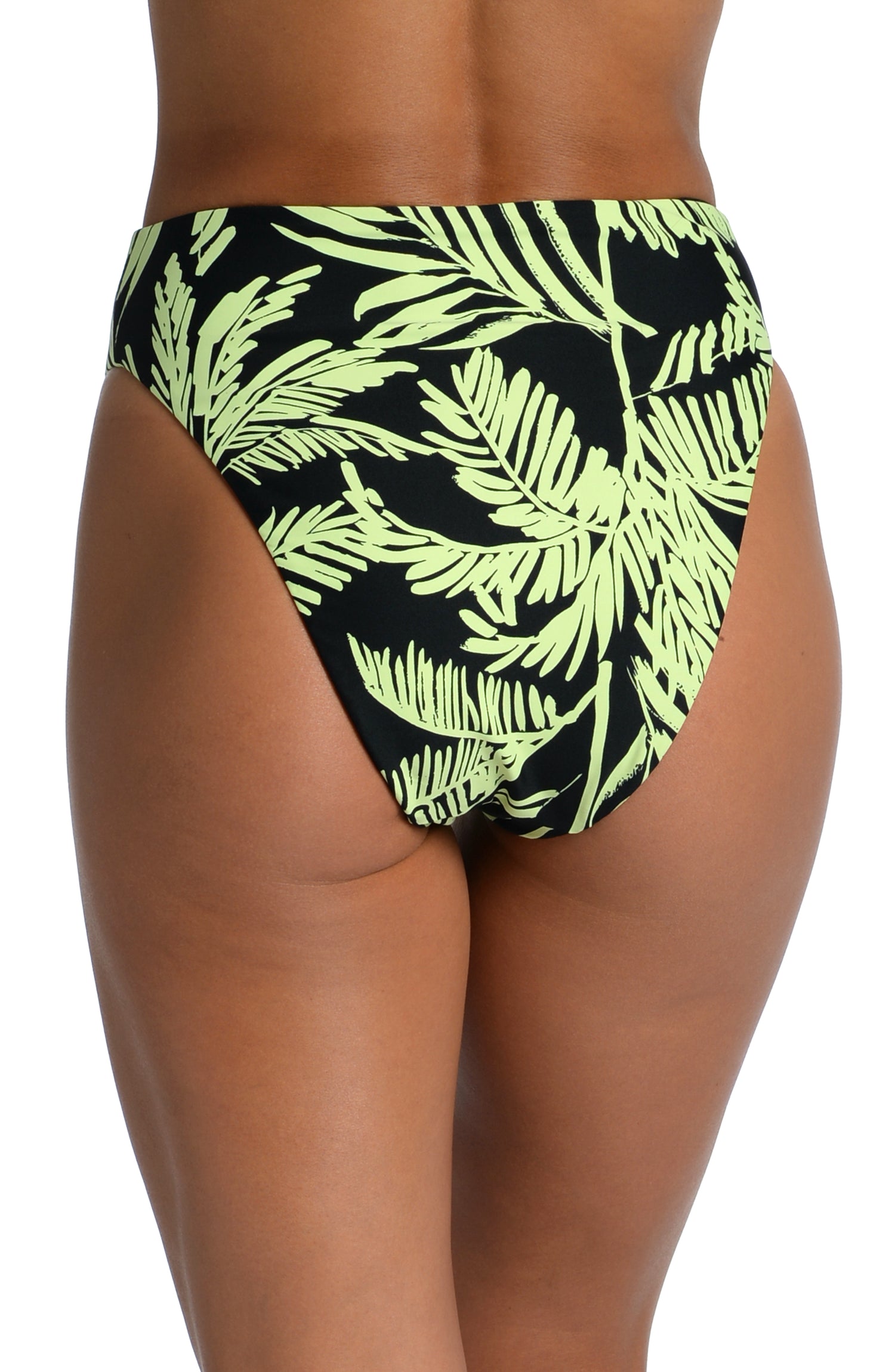 Model is wearing a green and black colored tropical printed high waist bottom from our Abstract Palm collection!