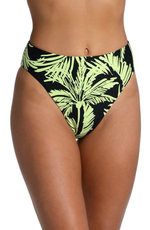 
            
                Load image into Gallery viewer, Model is wearing a green and black colored tropical printed high waist bottom from our Abstract Palm collection!
            
        