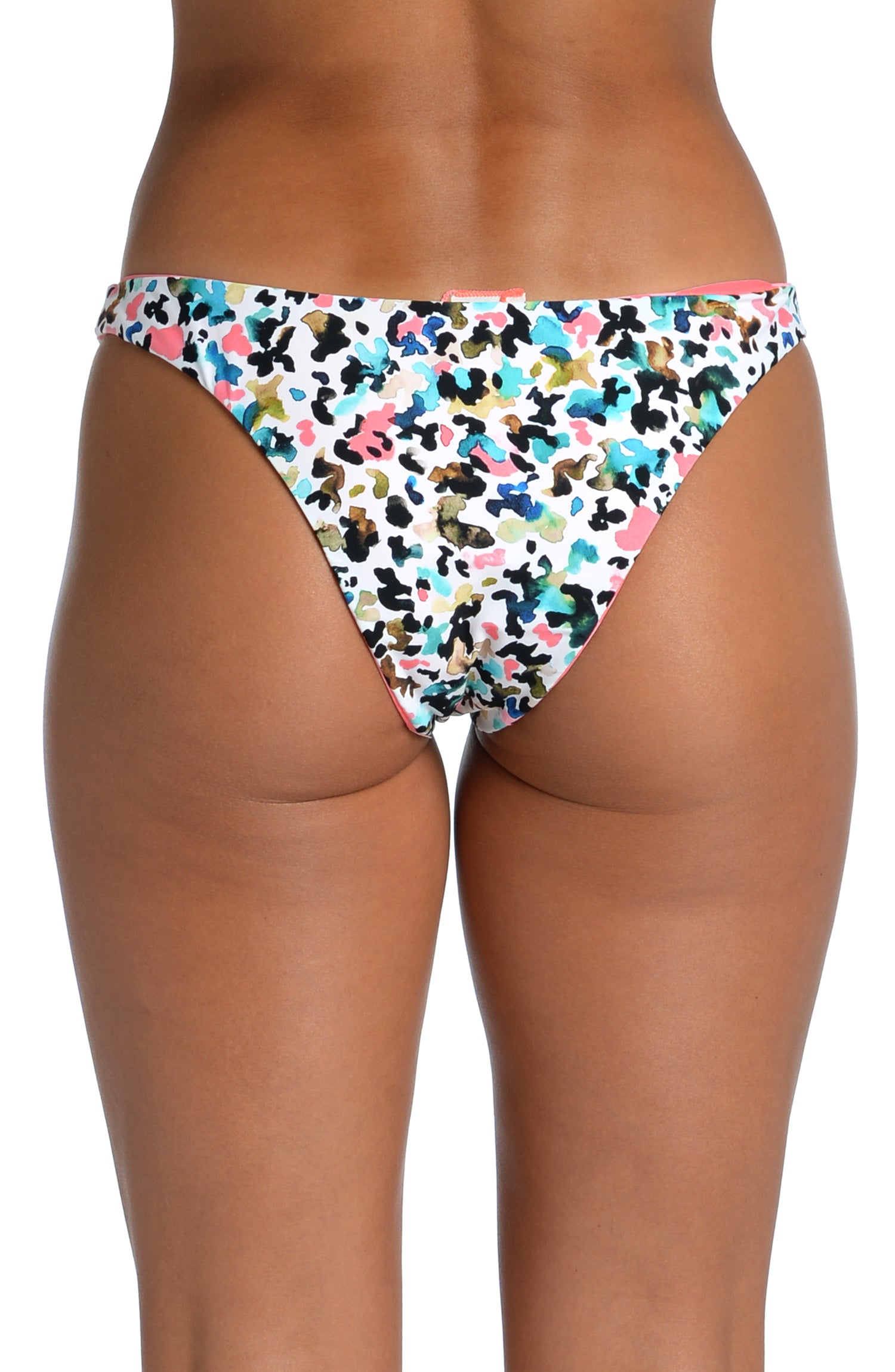 Model is wearing a multi colored confetti camouflage printed cheeky hipster bottom from our Camo Cheetah collection!