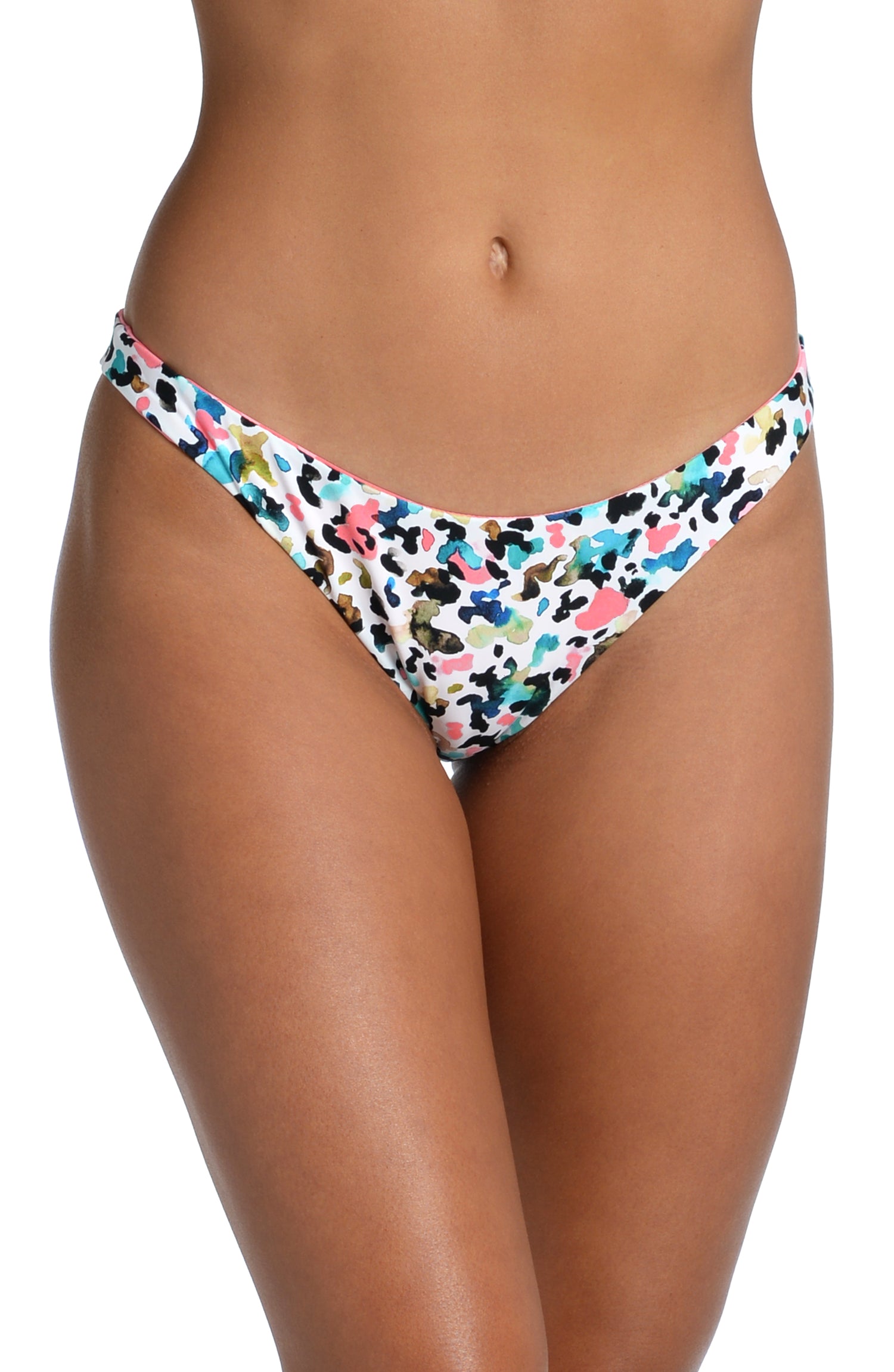 Model is wearing a multi colored confetti camouflage printed cheeky hipster bottom from our Camo Cheetah collection!